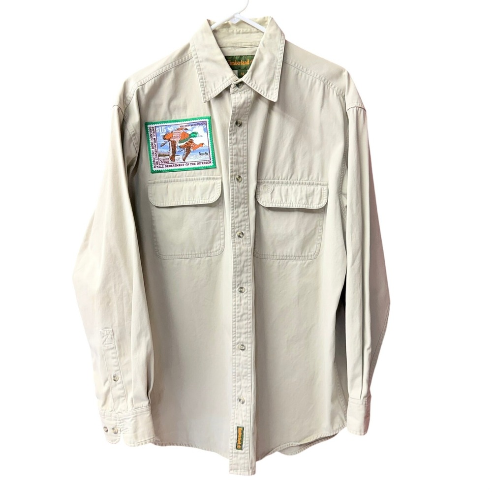 Vintage Timberland Button Down Shirt Men M Khaki Duck Hunting Stamp Patch Y2K